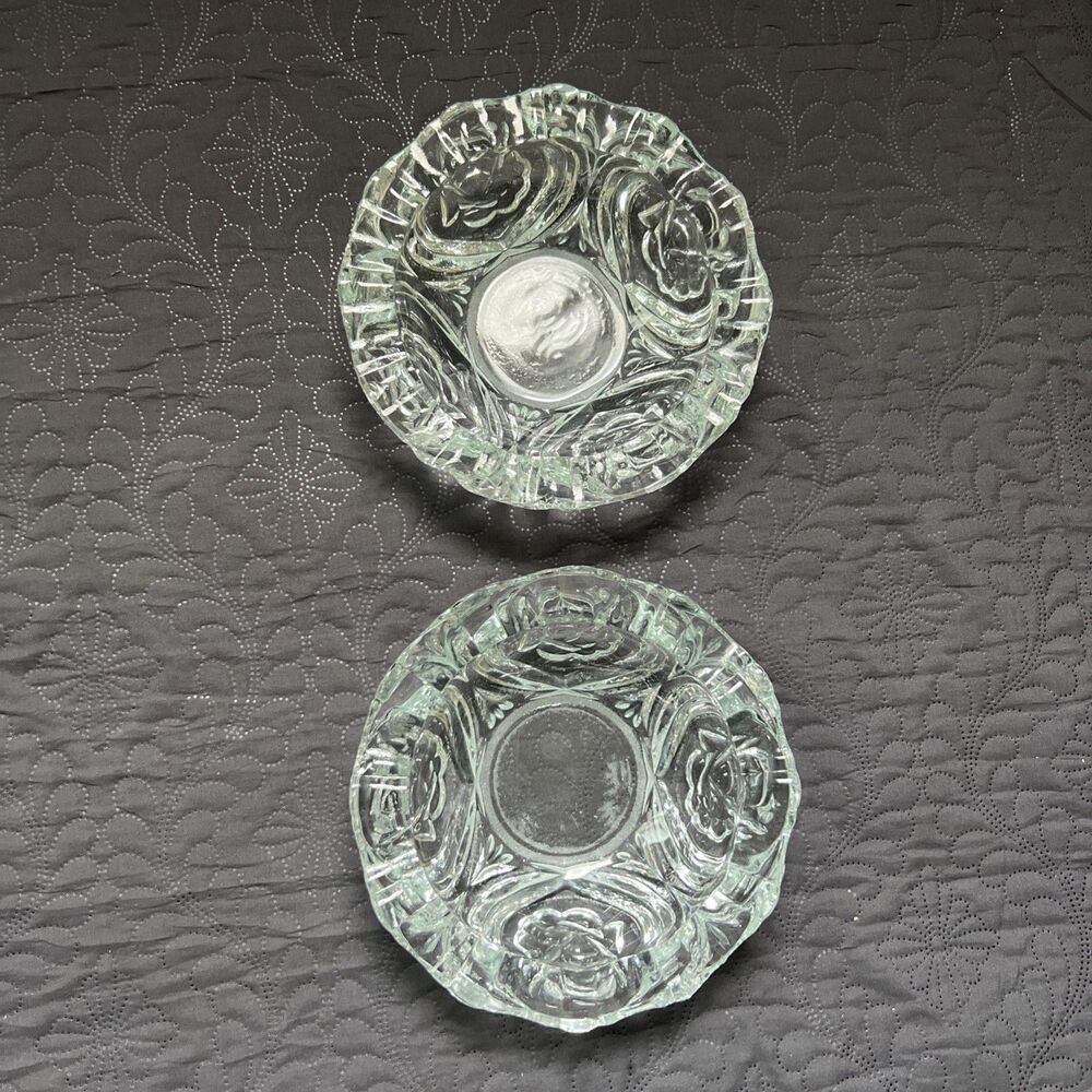 VTG Pasari Crystal Indonesia clear glass ashtray/candy dish w/rose design 2pc